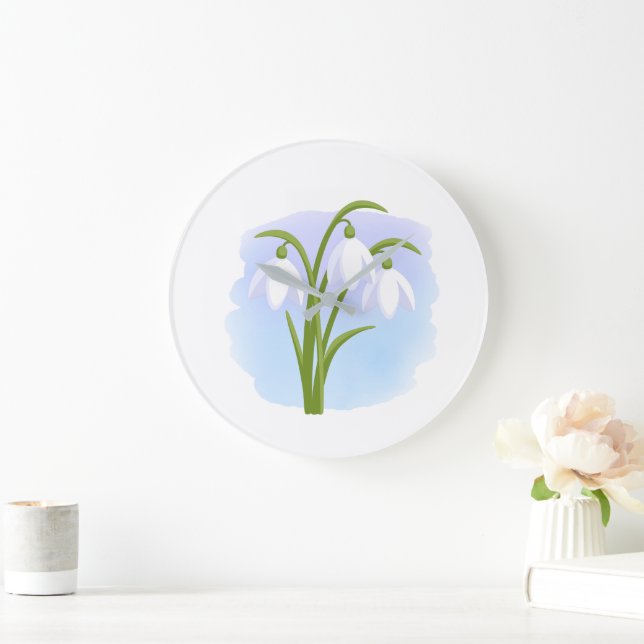 Grande Horloge Ronde Snowdrops - Fleurs de printemps sur aquarelle (Maison)