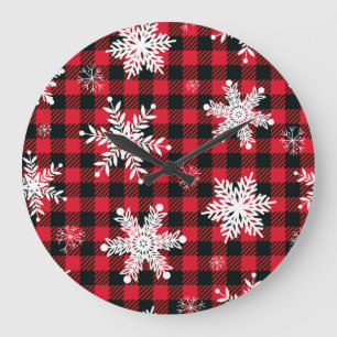 Grande Horloge Ronde Snowflakes & Buffalo Plaid : Charme hivernal