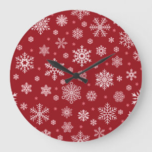 Grande Horloge Ronde Snowflakes, décoration rouge, motif de Noël.