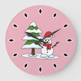 Grande Horloge Ronde Snowman avec Snowman Pine Tree