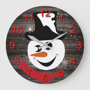 Grande Horloge Ronde Snowman bois rustique neige d'hiver