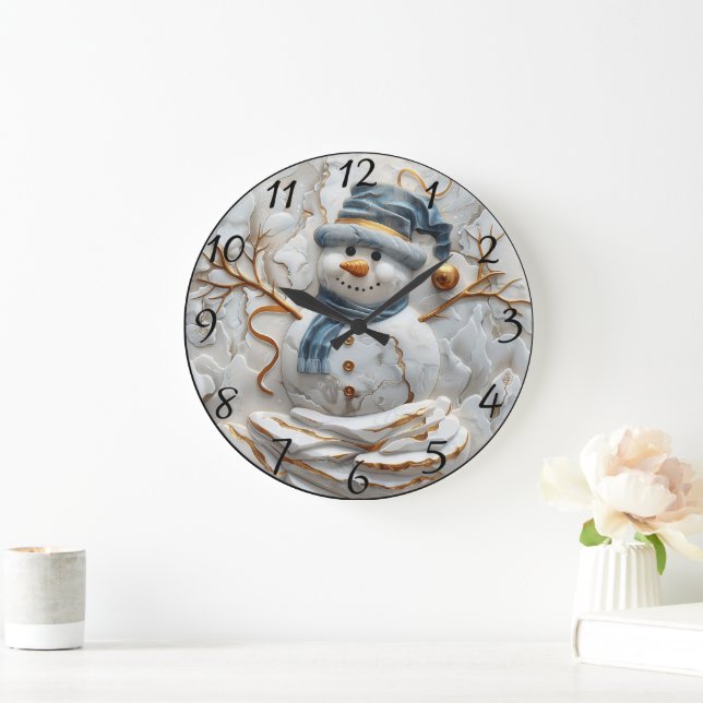 Grande Horloge Ronde Snowman de Noël dans les flocons de neige (Maison)