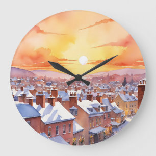 Grande Horloge Ronde Snowy Christmas le matin