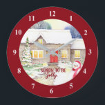 Grande Horloge Ronde Snowy Cottage Watercolor Painting<br><div class="desc">Based on my watercolor painting, Snowy Cottage, a painting of a beautiful winter picture of an an English thatched rottage covered in snow, with a decorated conifer at the front of the house and a cute snowman greeting at the foreground. The cottage ce que fully lit inside, glowing with the...</div>