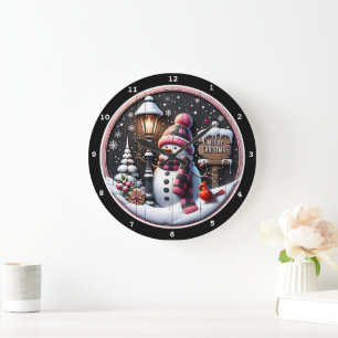 Grande Horloge Ronde Soirée cosy de Snowman" - Noël noir festif
