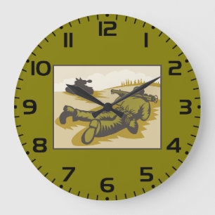 Grande Horloge Ronde Soldat et char Bazooka de la seconde guerre mondia