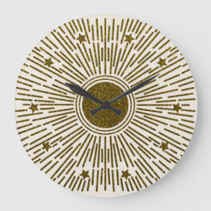 Grande Horloge Ronde Soleil doré rayonnant, rayons vintages.