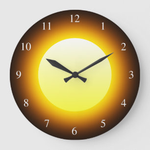 Grande Horloge Ronde Soleil Jaune brillant sur noir petits nombres