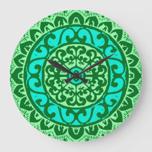 Grande Horloge Ronde Soleil Sud-Ouest Mandala Batik, Vert citron