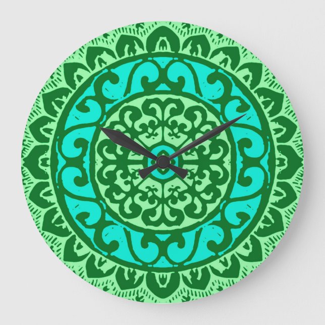 Grande Horloge Ronde Soleil Sud-Ouest Mandala Batik, Vert citron (Recto)
