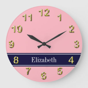Grande Horloge Ronde Solid Pink, Navy Blue Ribbon Nom Monogram