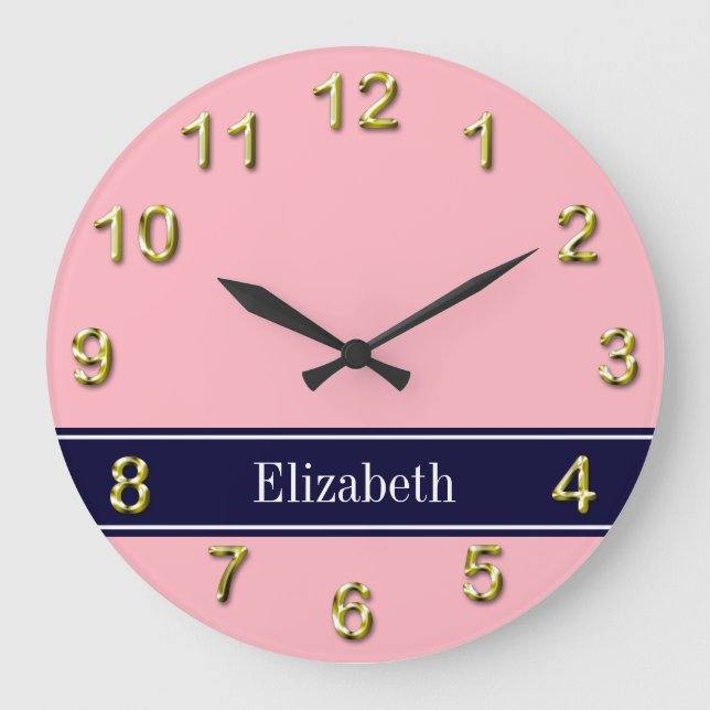 Grande Horloge Ronde Solid Pink, Navy Blue Ribbon Nom Monogram (Recto)