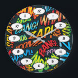 Grande Horloge Ronde Sons de bande dessinée rétro amusants d'art pop<br><div class="desc">Horloges de bande dessinée de super-héros à la mode qui sont sûres d'ajouter une touche de couleur à une gamme de pièces autour de votre maison ou de votre bureau. Un moyen idéal de vous traiter ou de traiter quelqu'un que vous connaissez avec ces horloges de designer de con de...</div>