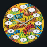 Grande Horloge Ronde Sons de la pop art des bandes dessinées<br><div class="desc">Des horloges pop de bandes dessinées de super-héros amusantes et tendance qui sont sûres d'ajouter une touche de couleur à une gamme de pièces autour de votre maison ou de votre bureau. Un moyen idéal de vous traiter ou de traiter quelqu'un que vous connaissez avec ces horloges de designer Comic...</div>