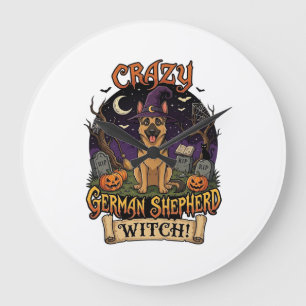 Grande Horloge Ronde Sorcière Chien Berger Allemand Fou Halloween Citro