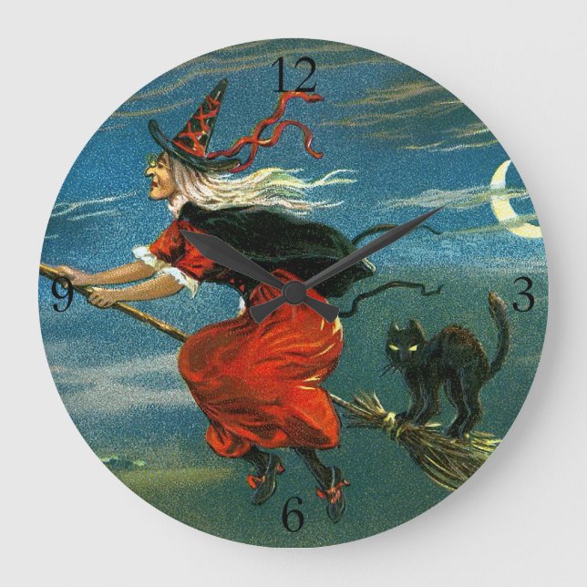 Grande Horloge Ronde Sorcière de Halloween de vol avec le chat (Recto)