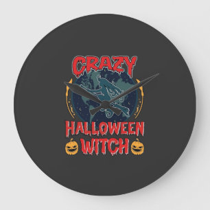 Grande Horloge Ronde Sorcière de Halloween fou Citrouille Volant Lune N