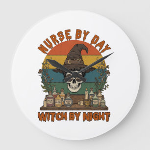 Grande Horloge Ronde Sorcière de jour de garde de nuit Halloween Crâne