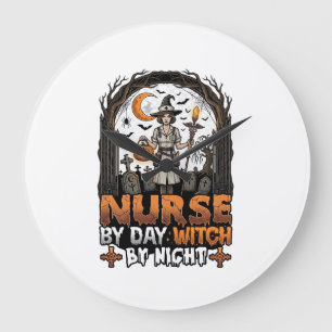 Grande Horloge Ronde Sorcière de jour infirmière Nuit d'Halloween Cimet