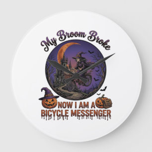 Grande Horloge Ronde Sorcière de messager de vélo cassé balai Halloween