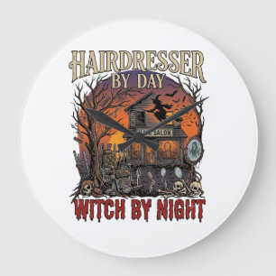 Grande Horloge Ronde Sorcière de Nuit de Coiffeur Halloween Salon Crâne