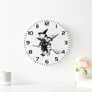 Grande Horloge Ronde Sorcière d'Halloween et clown chevauchant un balai