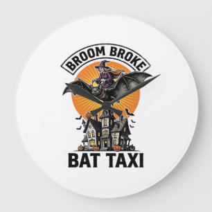 Grande Horloge Ronde Sorcière drôle Halloween Balai Cassé Chauve-souris