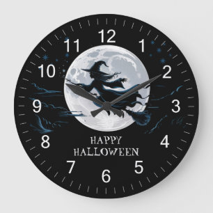 Grande Horloge Ronde Sorcière Éffrayante d'Halloween traversant une Ple