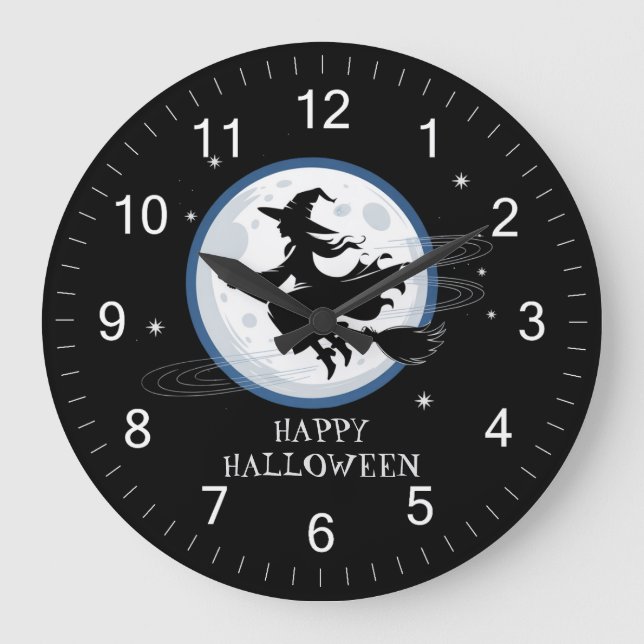 Grande Horloge Ronde Sorcière Éffrayante d'Halloween traversant une Ple (Recto)