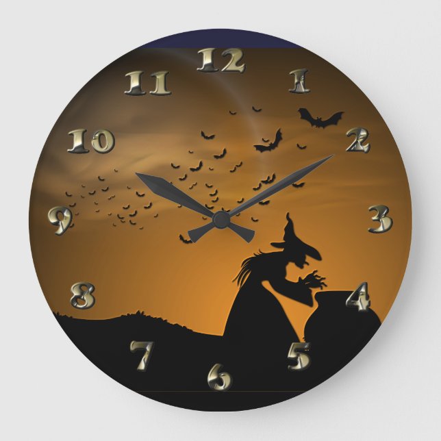 Grande Horloge Ronde Sorcière et chaudron de Halloween avec des battes (Recto)