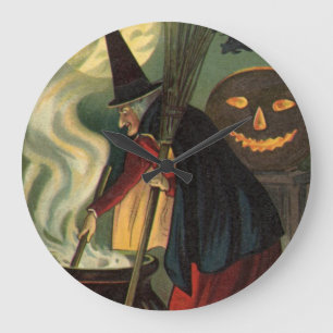 Grande Horloge Ronde Sorcière Halloween Vintage remuant un chaudron mag