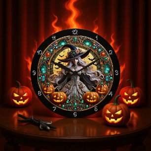 Grande Horloge Ronde Sorcière Imaginaire avec Citrouilles brillants