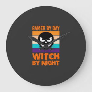 Grande Horloge Ronde Sorcière Joueuse Halloween Crâne Rétro