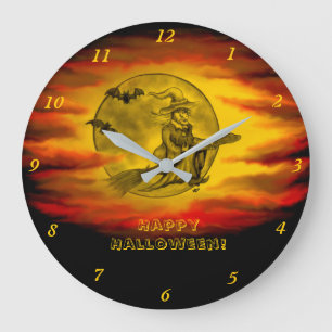 Grande Horloge Ronde Sorcière volante avec chat noir, nuit halloween