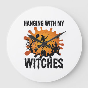 Grande Horloge Ronde Sorcières suspendues balai de sorcière Halloween M