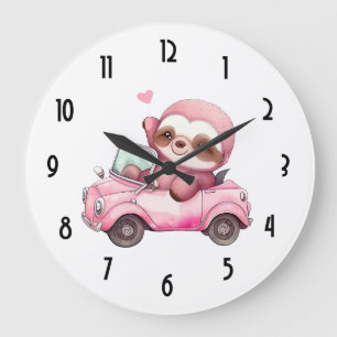 Grande Horloge Ronde Sourire rose Sloth conduisant une convertible
