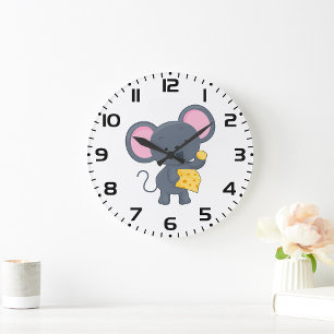 Grande Horloge Ronde Souris de dessin animé avec fromage Animal adorabl