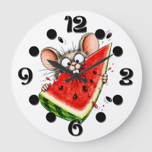 Grande Horloge Ronde Souris joyeuse mange pastèque