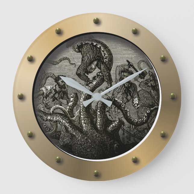 Grande Horloge Ronde Sous-marin à vapeur Porthol Kraken Giant Octopus (Recto)
