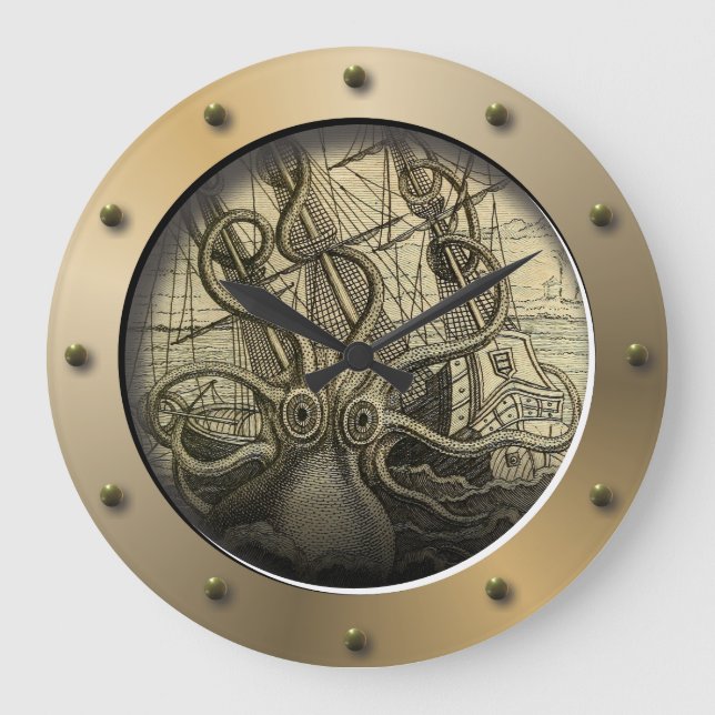 Grande Horloge Ronde Sous-marin de Steampunk Porthol géant Octopus (Recto)