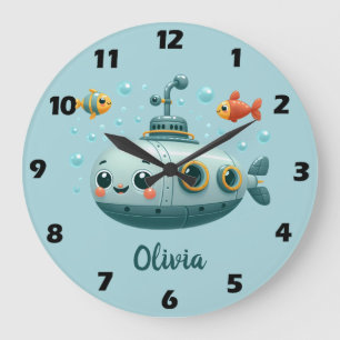 Grande Horloge Ronde Sous-marin mignon souriant avec poissons et bulles