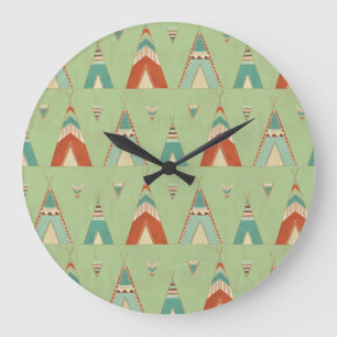 Grande Horloge Ronde Southwest Geo Step   Green Teepee Pattern