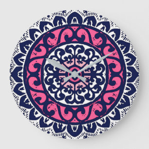 Grande Horloge Ronde Southwestern Sun Mandala, Fuchsia, Navy & White