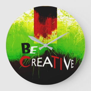 Grande Horloge Ronde "Soyez créatif" Noir Rouge Orange Vert sur Blanc