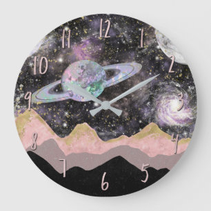 Grande Horloge Ronde Space Mountains Gold Starry Sky Galaxy Planètes