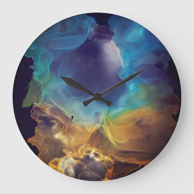 Grande Horloge Ronde Space Nebula bleu jaune Alcool art (Recto)