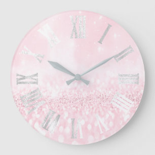 Grande Horloge Ronde Spark Pink Gray Silver Glitter Metal Roman Numers