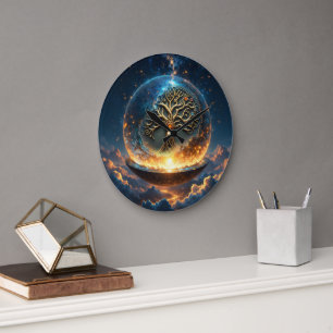 Grande Horloge Ronde Sphère de Vie – L'Arbre du Monde Doré.