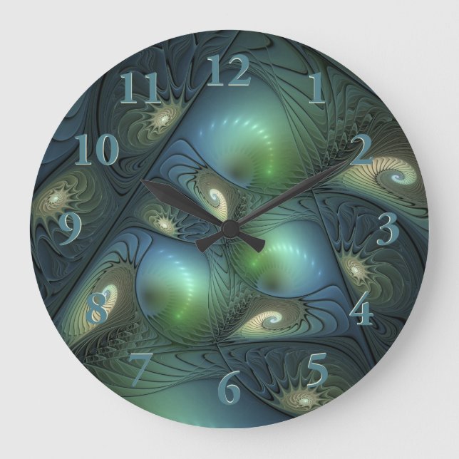 Grande Horloge Ronde Spirales Turquoise Beige Vert Abstrait Fractal Art (Recto)
