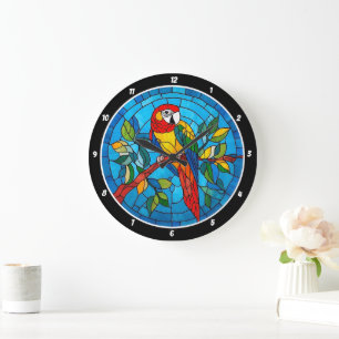 Grande Horloge Ronde Splendor Tropical" - Parrot De Verre Tiré